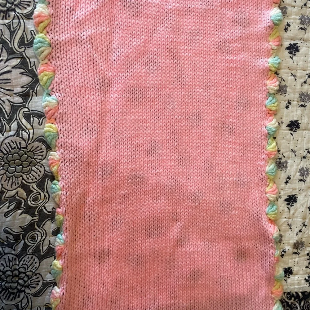 Pink Knit Vintage Crochet Baby Blanket with Multicolor Trim